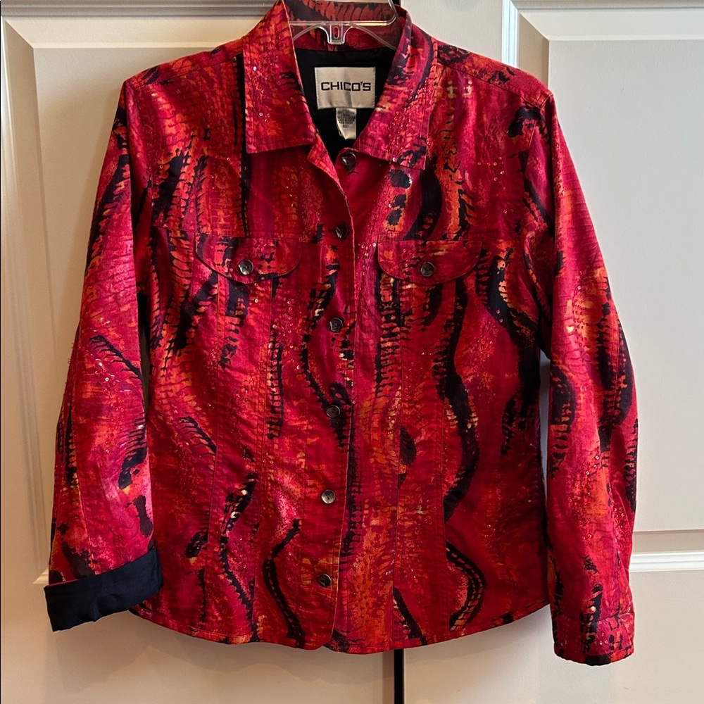 Vintage Chico's Red and Black Abstract Button Jacket
